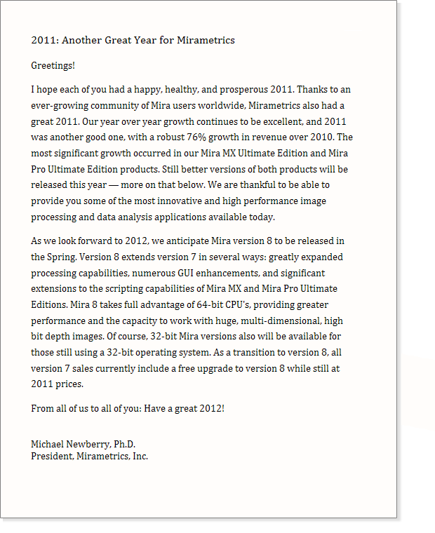Letter form the Mirametrics President for 2011